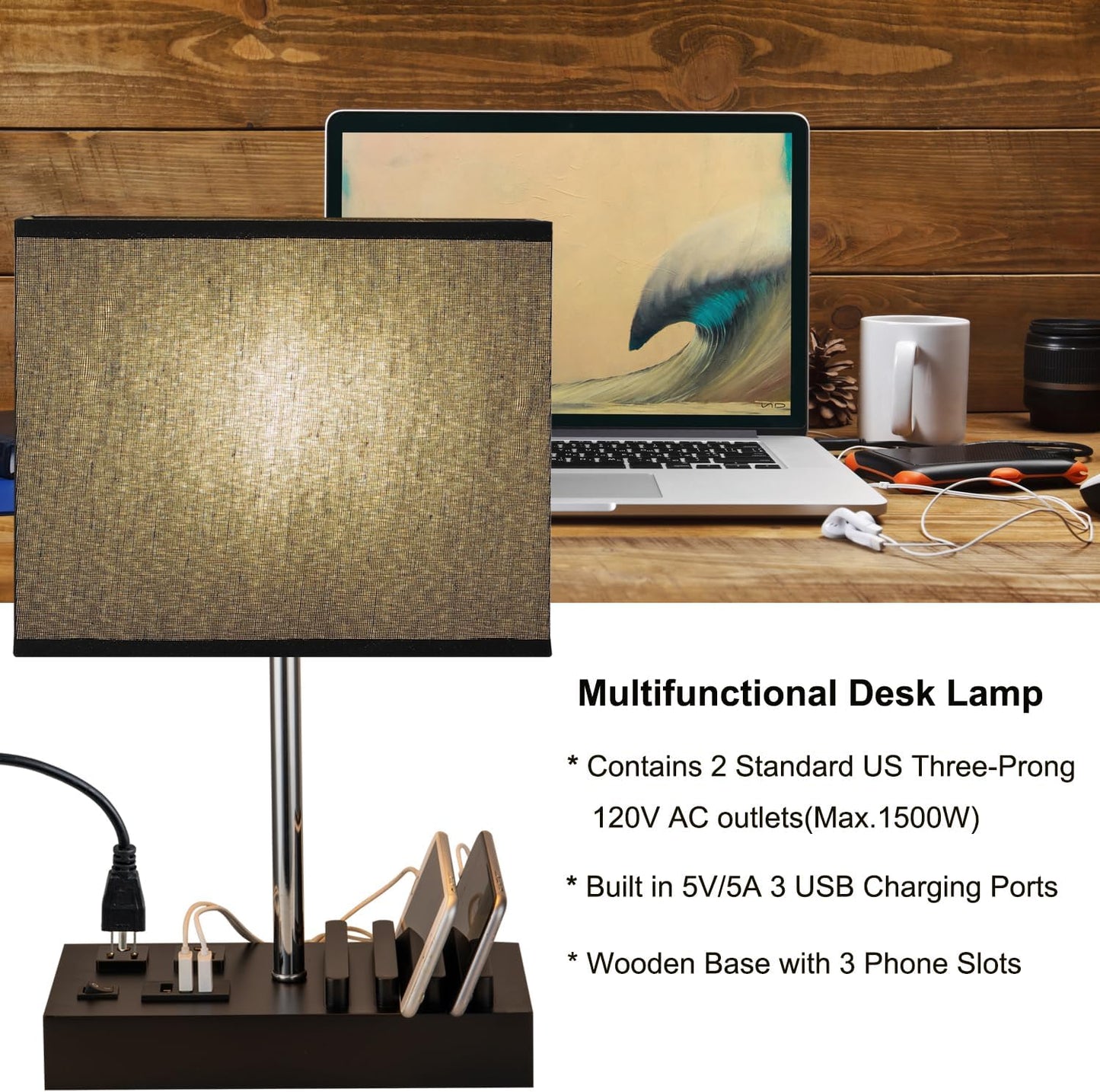 USB Table Lamp, Multi-Functional Desk Lamp with 2 AC Outlets, Bedside Lamp with 3 USB Charging Ports and Wooden Phone Stands, Nightstand Lamp for Bedroom, Livingroom, Office, Black Shade