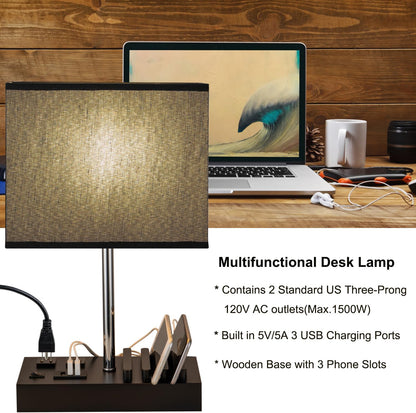 USB Table Lamp, Multi-Functional Desk Lamp with 2 AC Outlets, Bedside Lamp with 3 USB Charging Ports and Wooden Phone Stands, Nightstand Lamp for Bedroom, Livingroom, Office, Black Shade