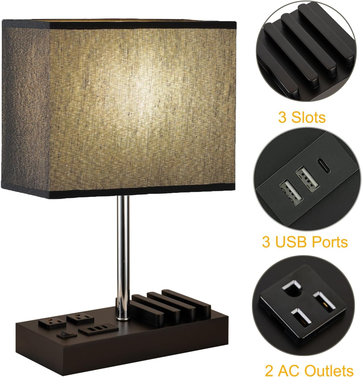 USB Table Lamp, Multi-Functional Desk Lamp with 2 AC Outlets, Bedside Lamp with 3 USB Charging Ports and Wooden Phone Stands, Nightstand Lamp for Bedroom, Livingroom, Office, Black Shade