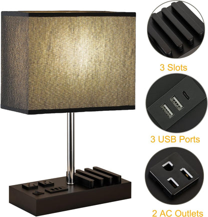 USB Table Lamp, Multi-Functional Desk Lamp with 2 AC Outlets, Bedside Lamp with 3 USB Charging Ports and Wooden Phone Stands, Nightstand Lamp for Bedroom, Livingroom, Office, Black Shade
