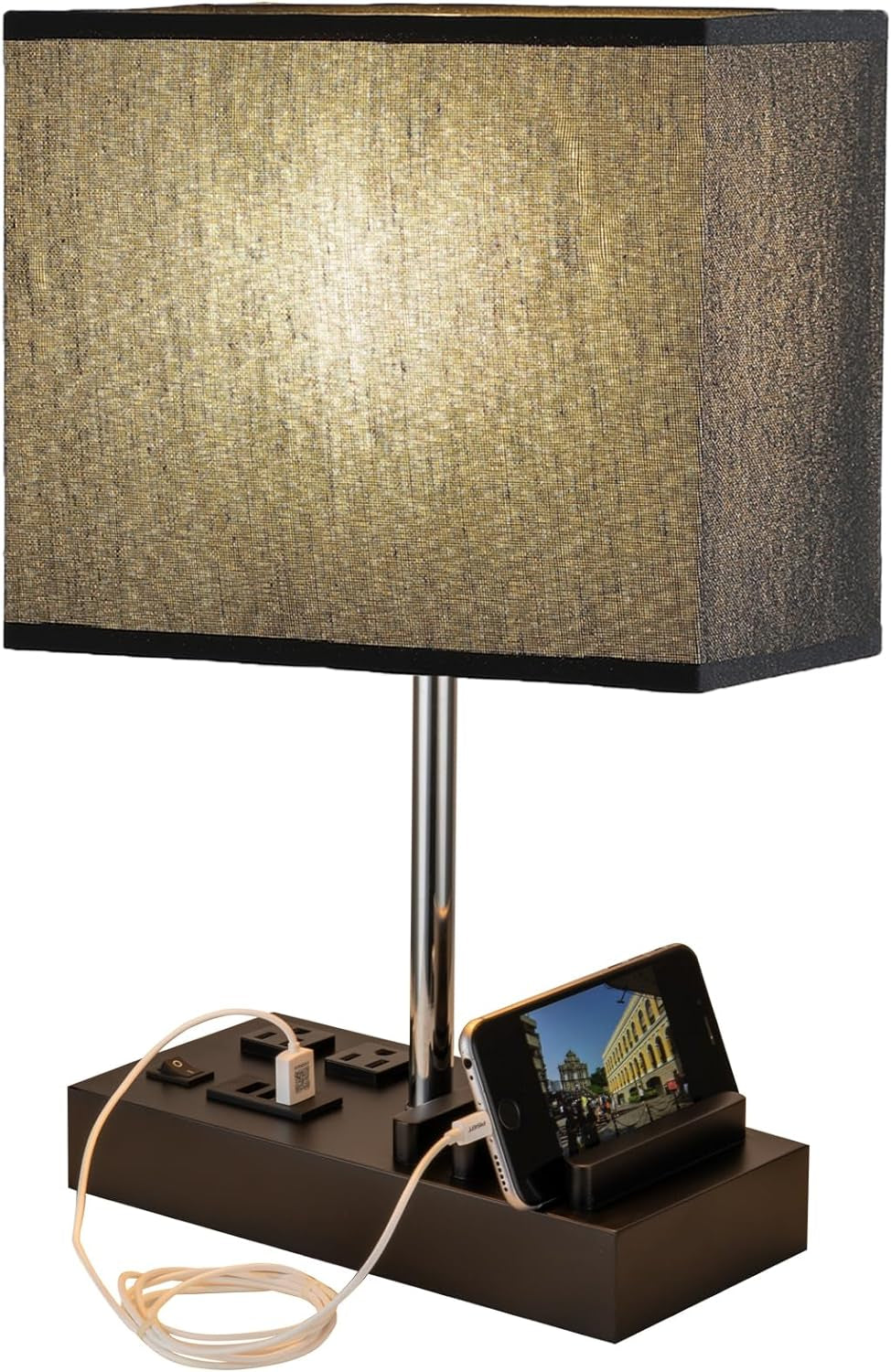 USB Table Lamp, Multi-Functional Desk Lamp with 2 AC Outlets, Bedside Lamp with 3 USB Charging Ports and Wooden Phone Stands, Nightstand Lamp for Bedroom, Livingroom, Office, Black Shade