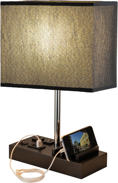 USB Table Lamp, Multi-Functional Desk Lamp with 2 AC Outlets, Bedside Lamp with 3 USB Charging Ports and Wooden Phone Stands, Nightstand Lamp for Bedroom, Livingroom, Office, Black Shade