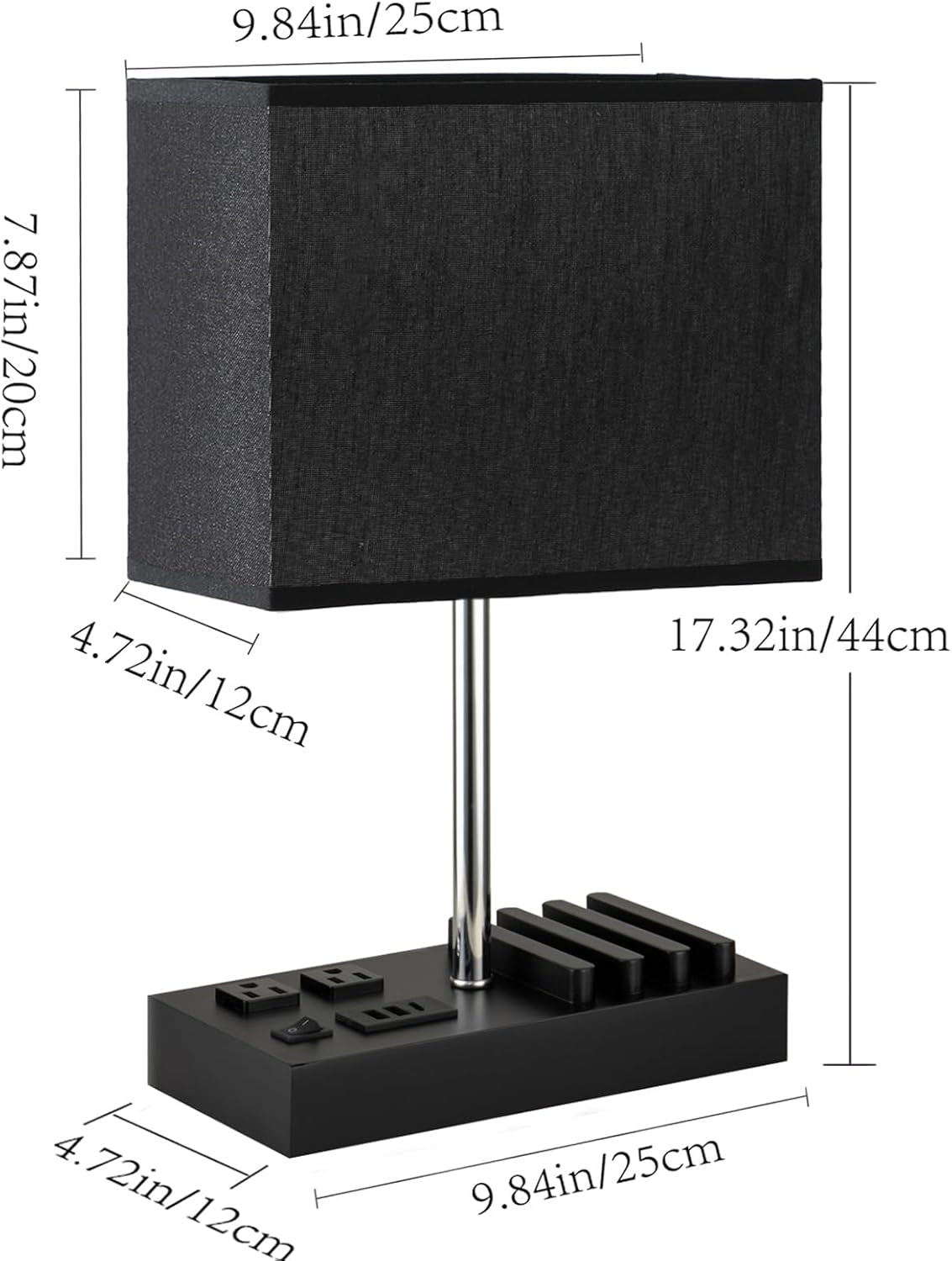 USB Table Lamp, Multi-Functional Desk Lamp with 2 AC Outlets, Bedside Lamp with 3 USB Charging Ports and Wooden Phone Stands, Nightstand Lamp for Bedroom, Livingroom, Office, Black Shade