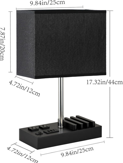 USB Table Lamp, Multi-Functional Desk Lamp with 2 AC Outlets, Bedside Lamp with 3 USB Charging Ports and Wooden Phone Stands, Nightstand Lamp for Bedroom, Livingroom, Office, Black Shade