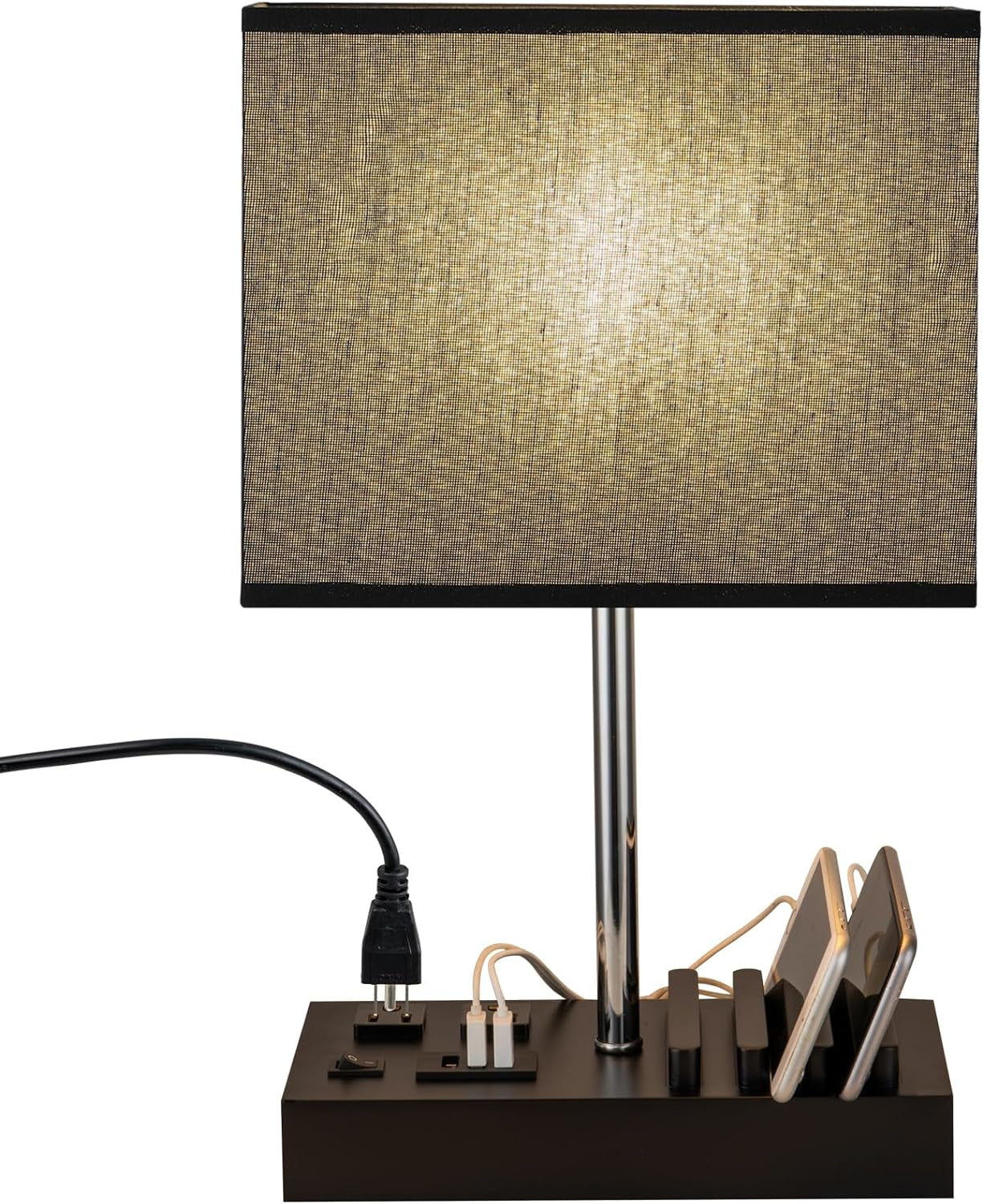 USB Table Lamp, Multi-Functional Desk Lamp with 2 AC Outlets, Bedside Lamp with 3 USB Charging Ports and Wooden Phone Stands, Nightstand Lamp for Bedroom, Livingroom, Office, Black Shade