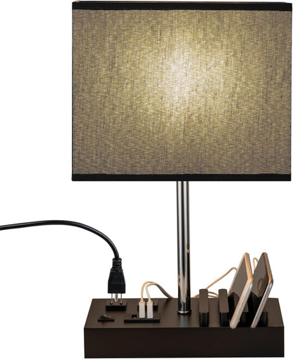 USB Table Lamp, Multi-Functional Desk Lamp with 2 AC Outlets, Bedside Lamp with 3 USB Charging Ports and Wooden Phone Stands, Nightstand Lamp for Bedroom, Livingroom, Office, Black Shade