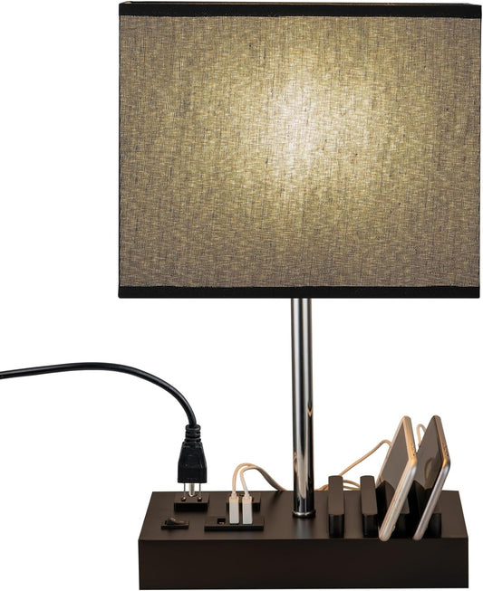 USB Table Lamp, Multi-Functional Desk Lamp with 2 AC Outlets, Bedside Lamp with 3 USB Charging Ports and Wooden Phone Stands, Nightstand Lamp for Bedroom, Livingroom, Office, Black Shade